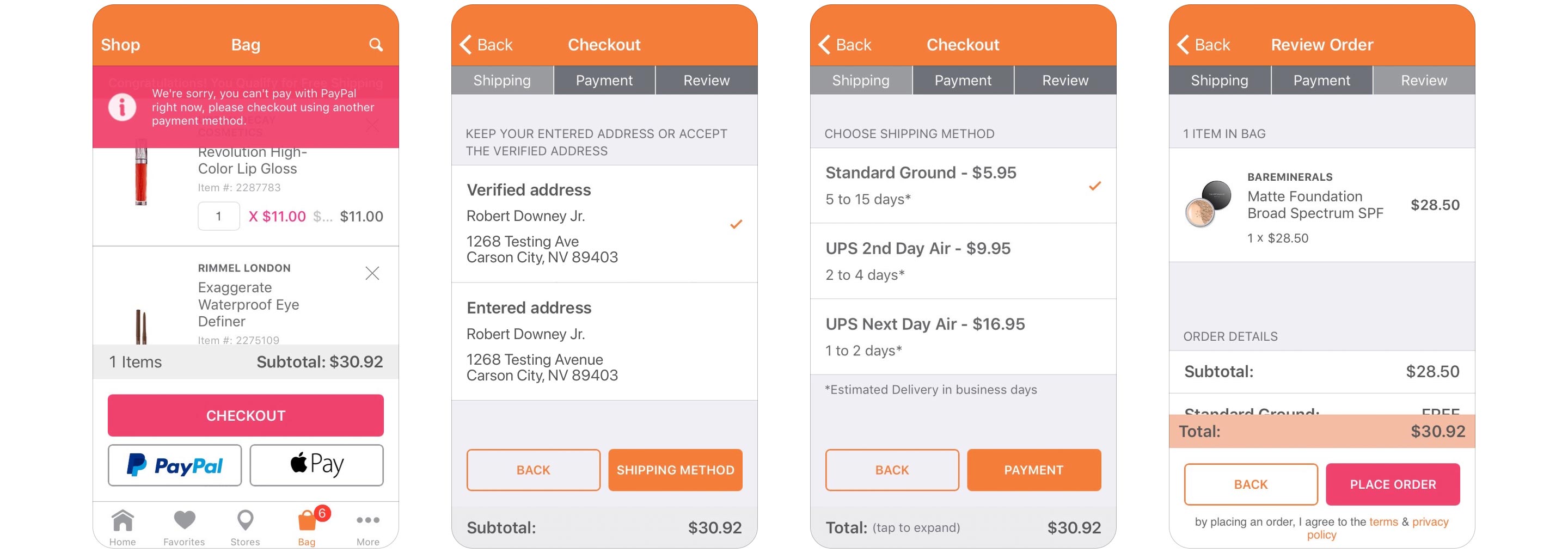 Legacy interface screenshots for Ulta Beauty cart and checkout