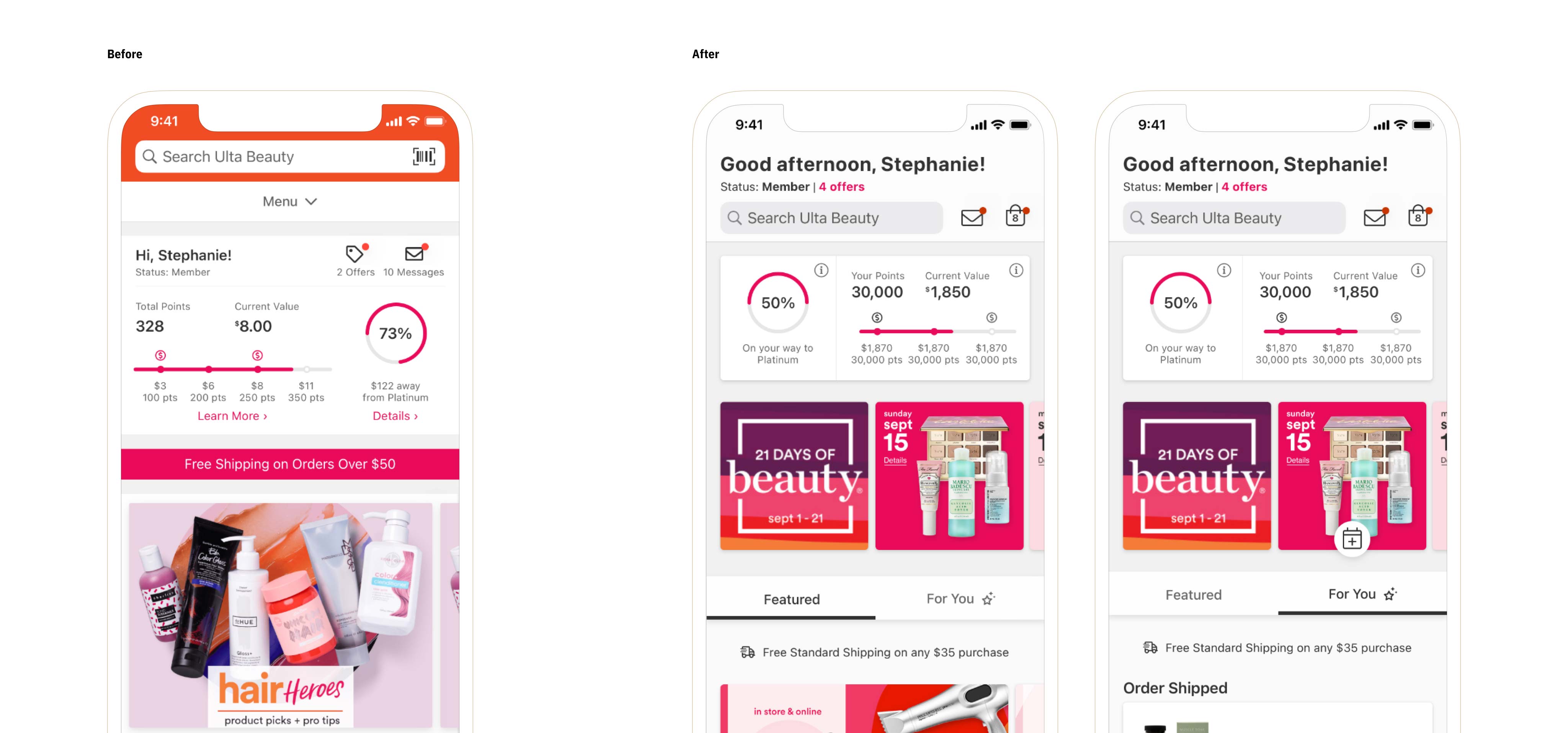 Before and after image of new and old app homepage