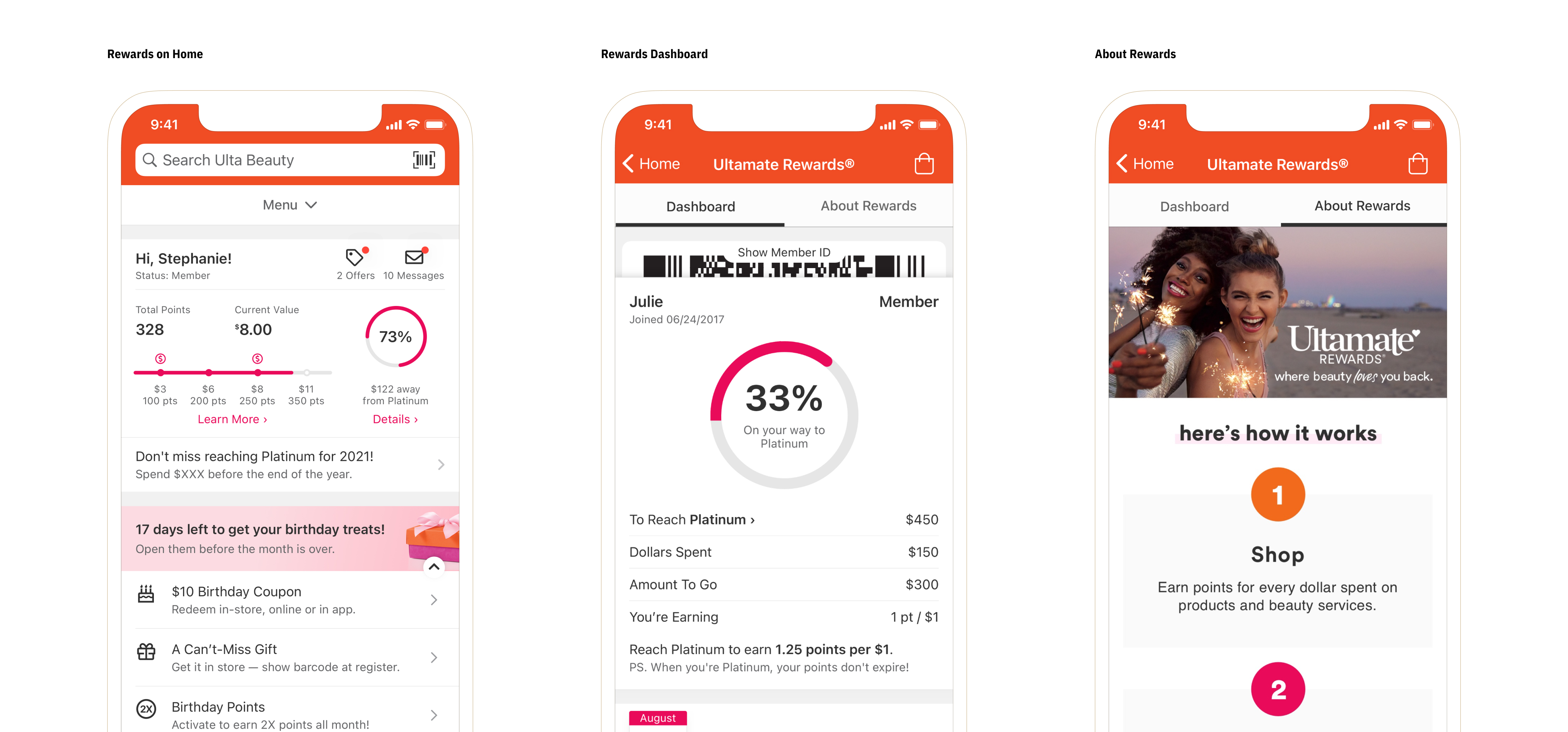 Final mockups of rewards program redesign